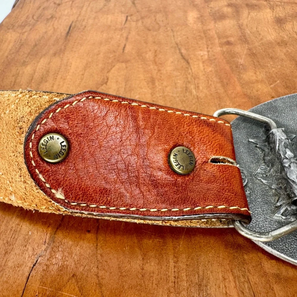 Vintage 1982 Siskiyou Eagle Belt Buckle Leegin Brown Leather Belt Mens 36 USA